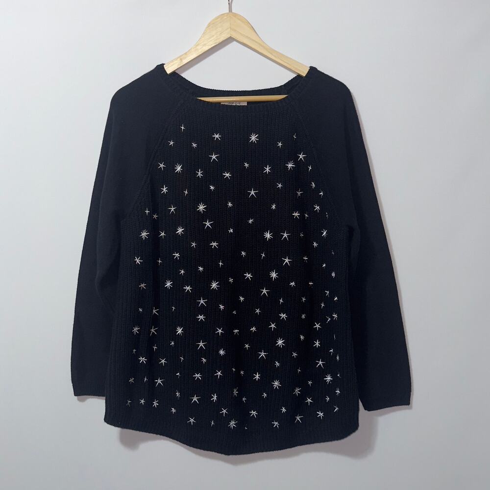 Style & Co Black Silver Star-Embroidered Cable Kint Sweater Womens size XL